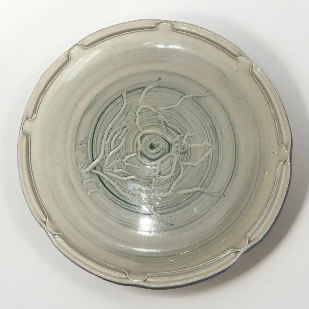 Studio Art Pottery Ceramic Turquoise Green Glazed Plate Impressed 9.5 Inches